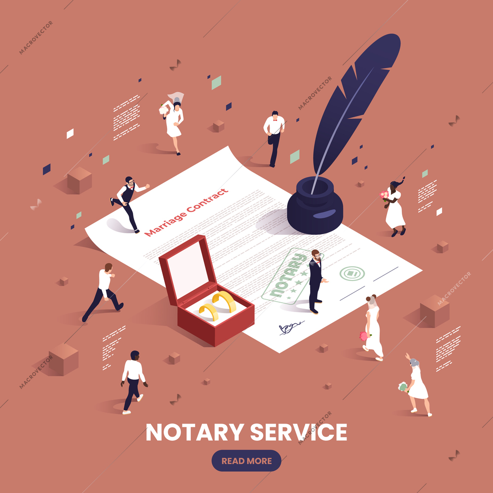 Notary services isometric colored concept with wives and husbands and the big marriage contract vector illustration