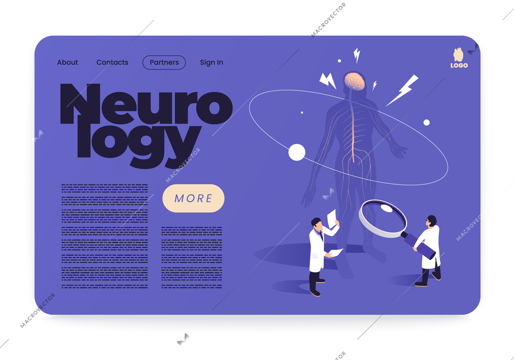 Sections of medicine isometric banner or landing page with neurology headline and more button vector illustration