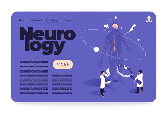 Sections of medicine isometric banner or landing page with neurology headline and more button vector illustration