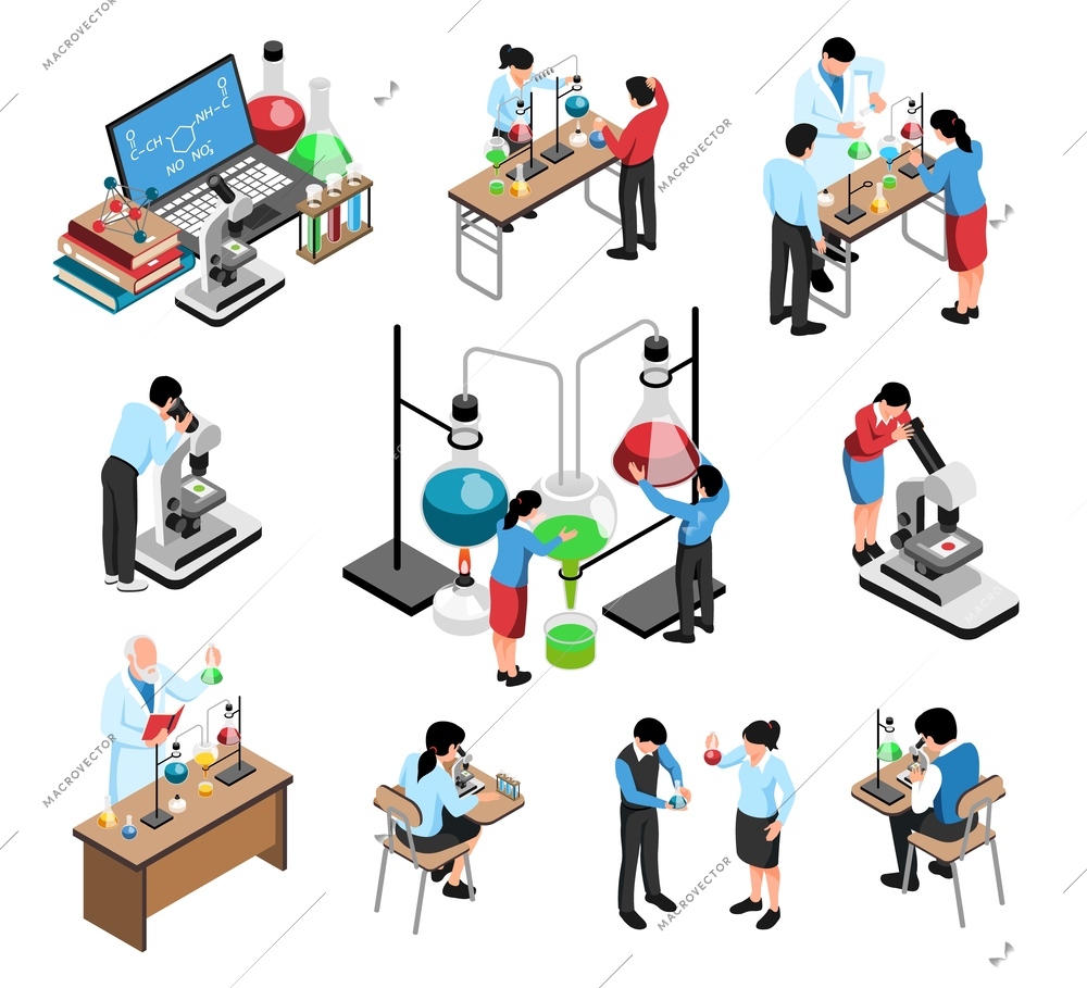 Students working in school science lab on chemical experiments isometric set isolated on white background vector illustration