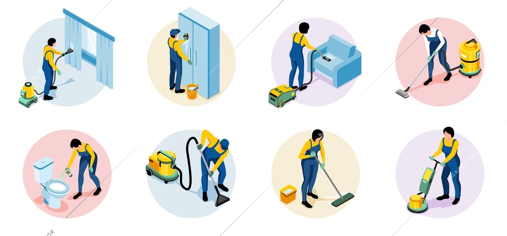 Cleaning service isolated round compositions with  with employees washing floor furniture windows and lavatory isometric vector illustration