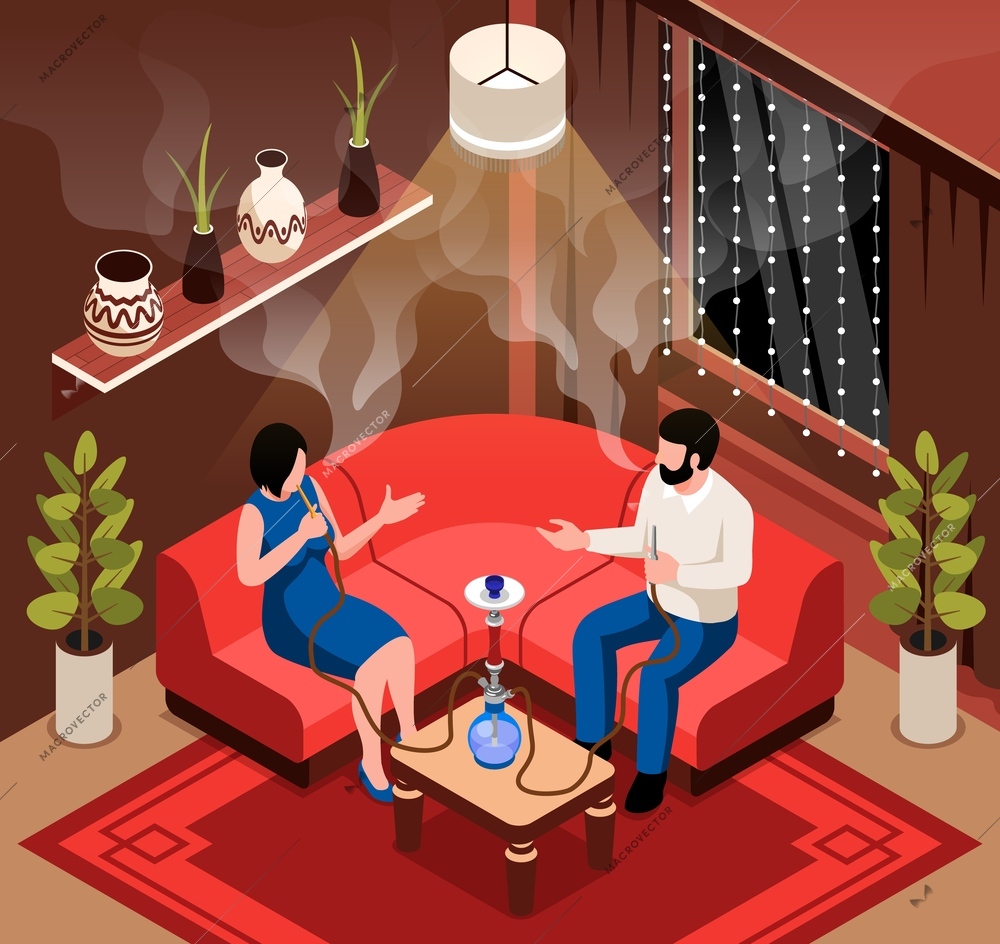 Lounge bar isometric background with couple sitting on sofa near table with hookah vector illustration