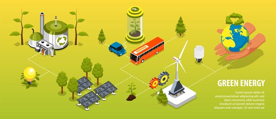 Green energy infographics layout with wind turbines solar panels green leaves recycling symbols isometric vector illustration