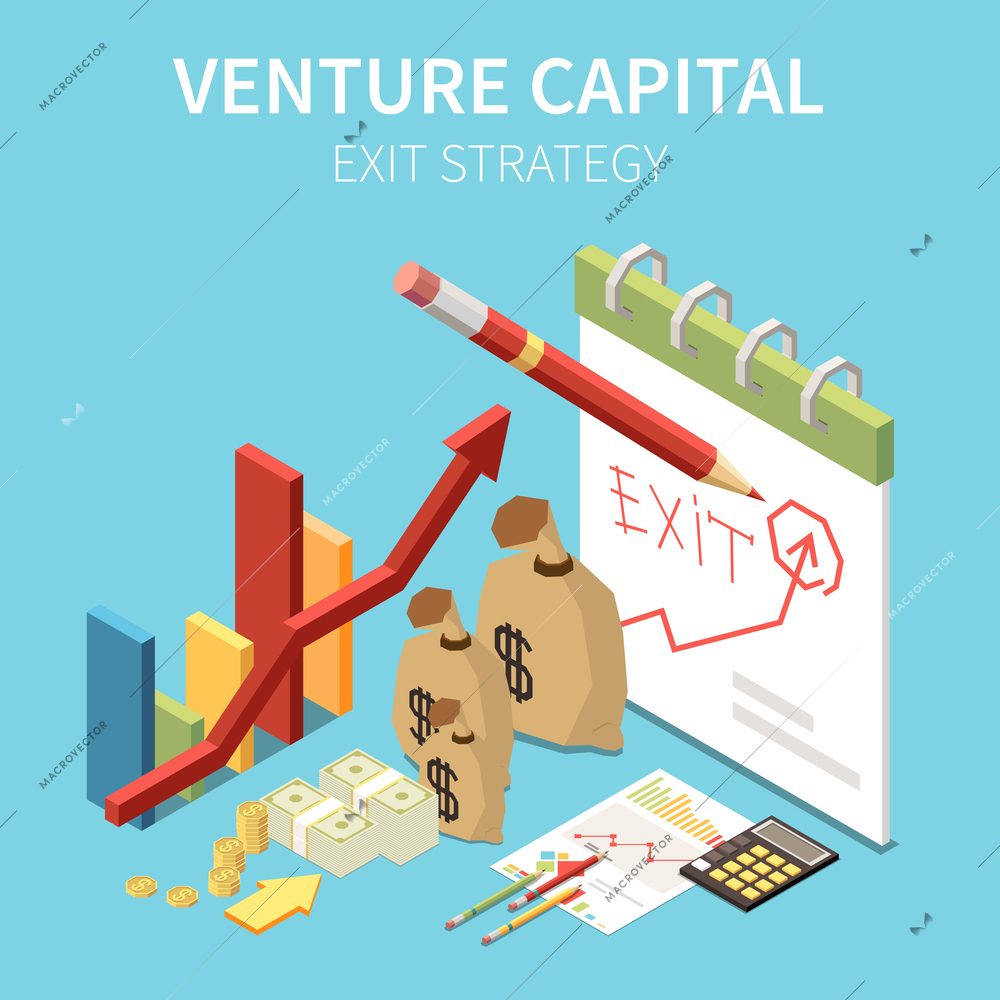 Venture capital isometric composition with icons of money sacks bar charts arrow point and editable text vector illustration