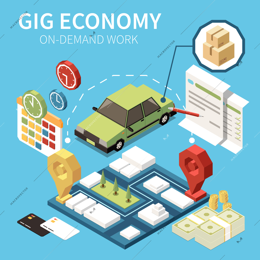 Gig economy isometric composition with editable text and icons of money locations clocks contracts with car vector illustration