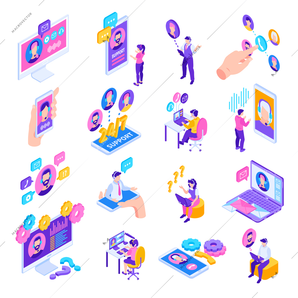 Isometric technical support set of isolated icons with gear pictograms people wearing headsets smartphones chat bubbles vector illustration