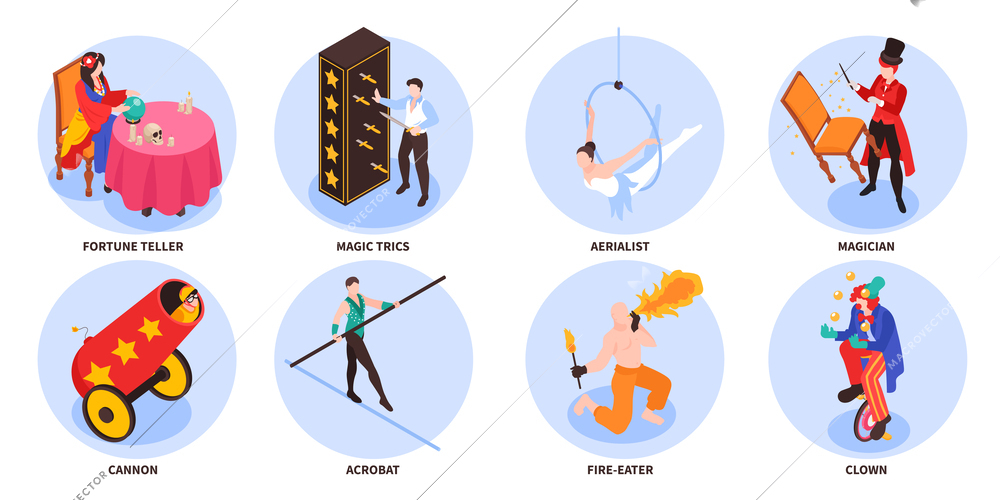 Isometric circus set of isolated round compositions with artists performers characters with cannon and text captions vector illustration