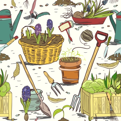 Hand drawn seamless gardening tools for plants flowers farming and agriculture pattern background vector illustration