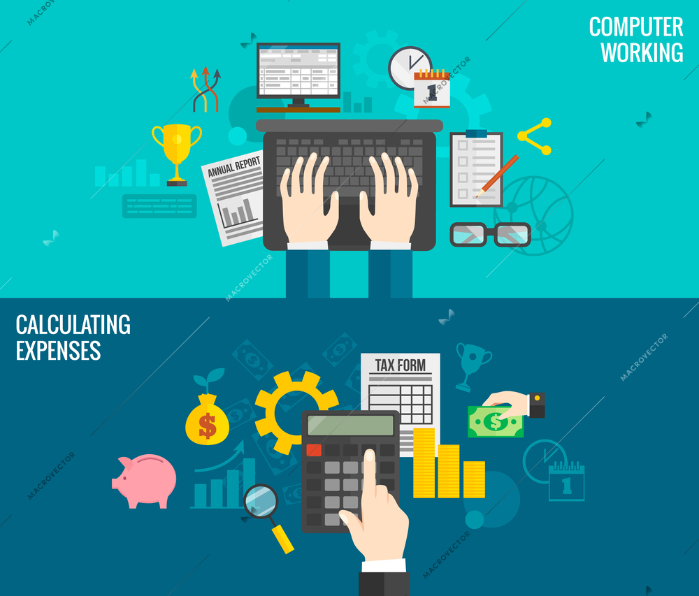 Business horizontal banners set with hands working on computer and calculating expenses isolated vector illustration