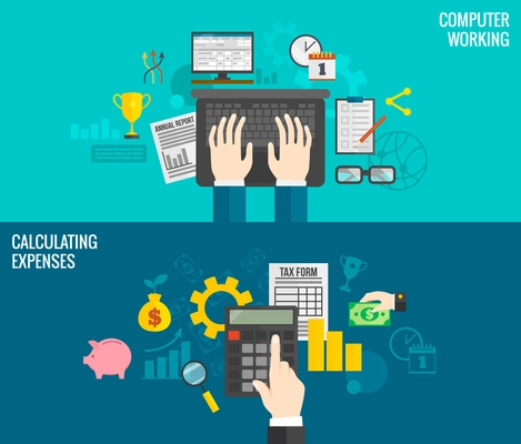 Business horizontal banners set with hands working on computer and calculating expenses isolated vector illustration