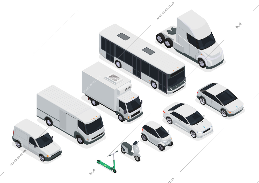 Electric transport isometric icons set with electromobiles buses and motorbikes isolated vector illustration