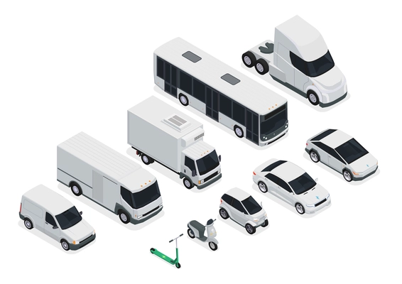 Electric transport isometric icons set with electromobiles buses and motorbikes isolated vector illustration