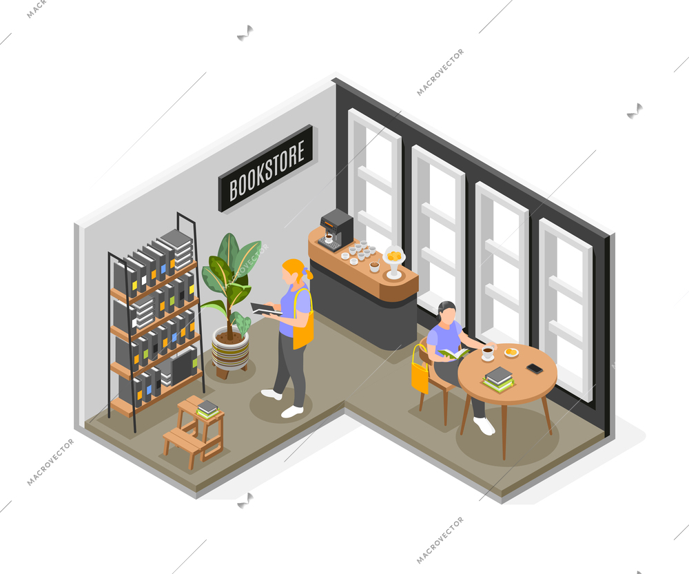 People choosing and reading books with cup of coffee at modern book store isometric composition vector illustration