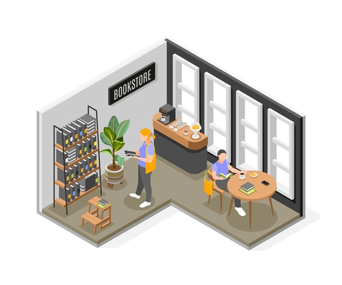 People choosing and reading books with cup of coffee at modern book store isometric composition vector illustration