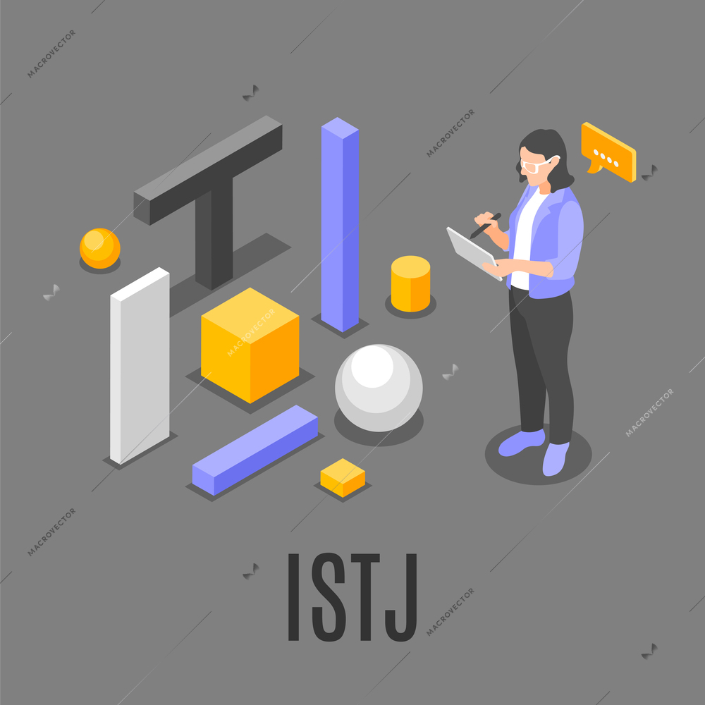 Istj mbti type isometric composition with geometric figures and female character writing on tablet on grey background vector illustration