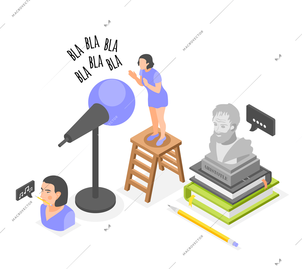 Rhetoric isometric composition with female character practising her speech with microphone 3d vector illustration