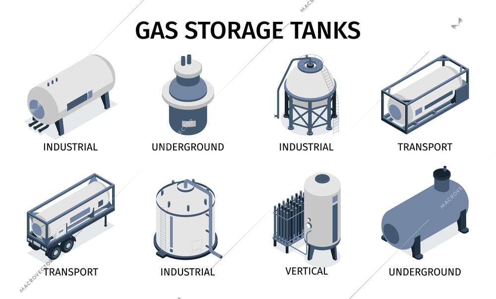 Isometric compressed gas set of isolated compositions with icons of industrial transport and underground storage tanks vector illustration