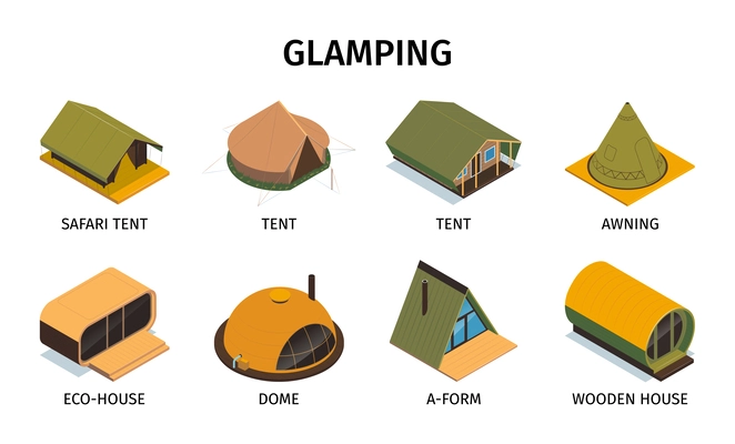 Isometric glamping set of isolated compositions with text captions and icons of dome tents eco houses vector illustration