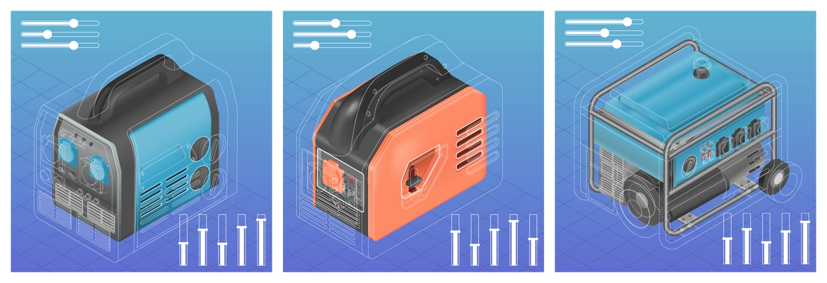 Electric generator realistic set of square compositions with isometric images of power generators and outline icons vector illustration