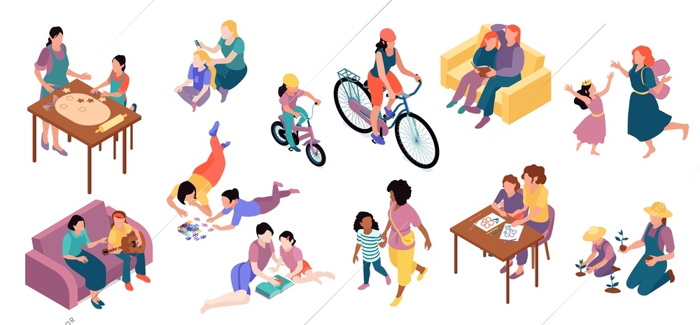 Motherhood isometric set with moms and daughters playing guitar dancing walking doing gardening and other activities together isolated vector illustration