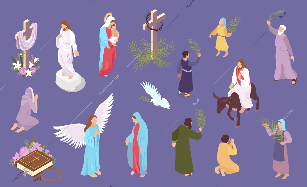 Easter isometric set with characters of jesus christ and virgin mary isolated on color background 3d vector illustration