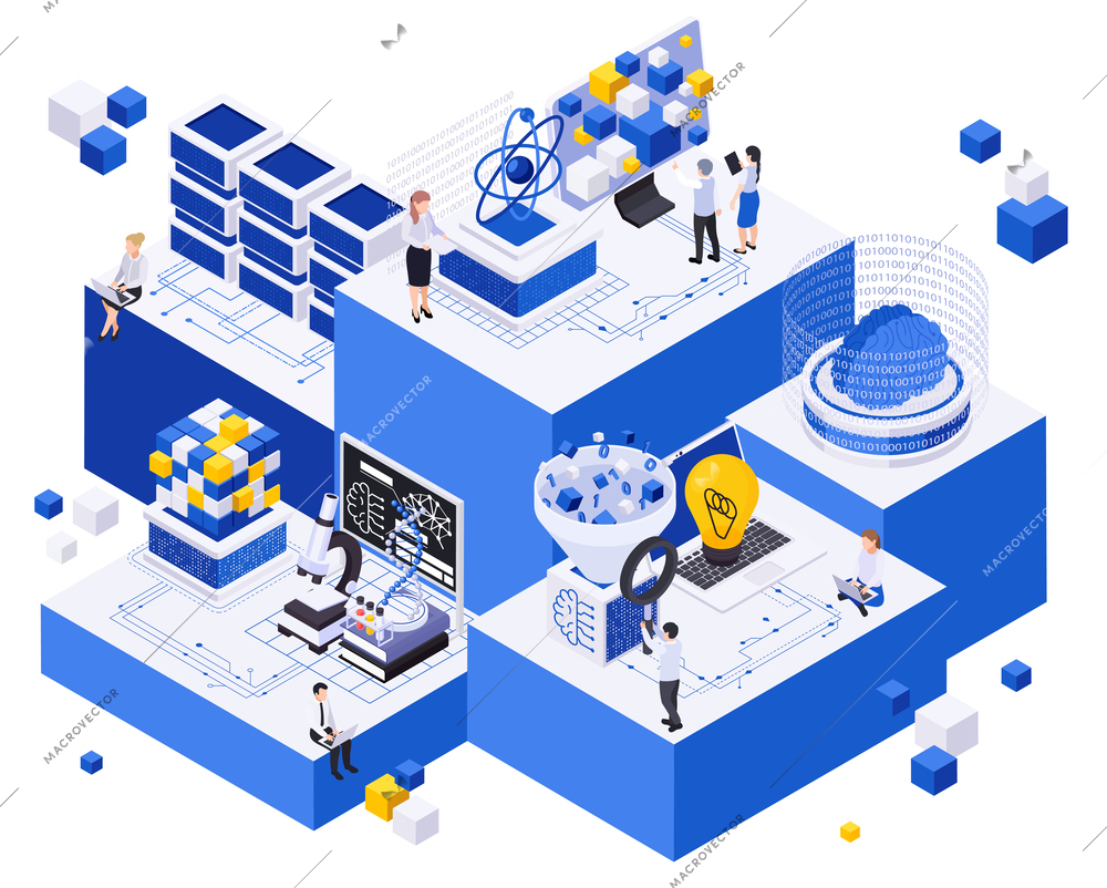 Ai powered content creation isometric concept with human characters and artificial intelligence elements vector illustration