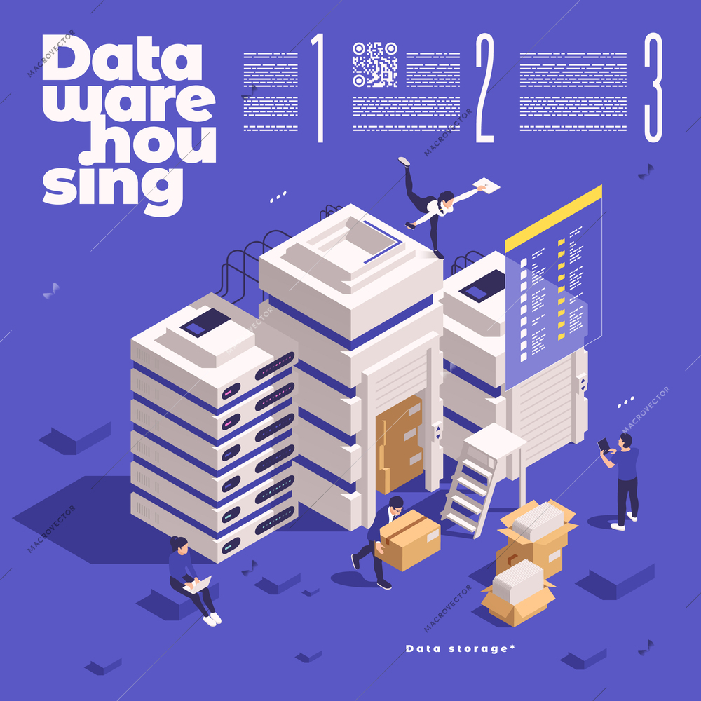 Data management concept icons isometric composition with images of server racks characters of workers and text vector illustration