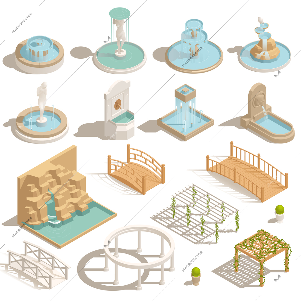 Park fountains ponds gazebo isometric set of isolated icons with landscape elements bridges waterfalls and summerhouses vector illustration