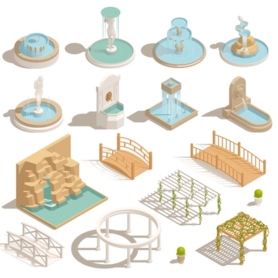 Park fountains ponds gazebo isometric set of isolated icons with landscape elements bridges waterfalls and summerhouses vector illustration
