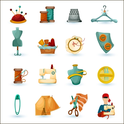 Collection of sets of Sewing equipment, dressmaking and needlework  accessories icons set with needle tape measure zipper flat isolated vector  illustration. Fashion clothing, sewing, clothing design. Stock Vector