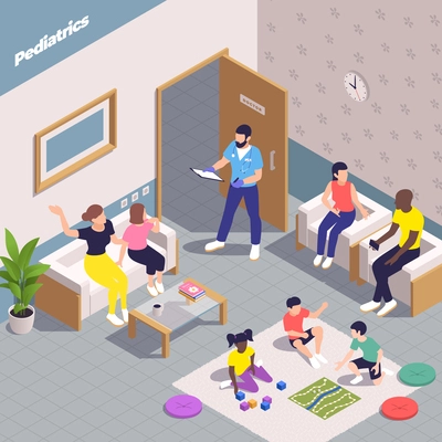 Pediatrics pediatrician isometric composition with indoor interior scenery and parents waiting for doctors appointment with children vector illustration