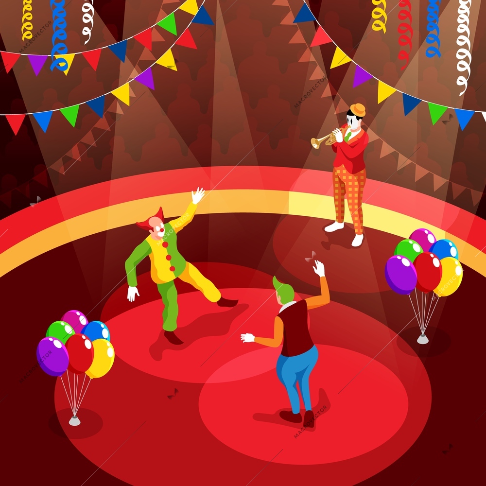 Circus performance with funny clowns playing trumpet and dancing on stage isometric vector illustration