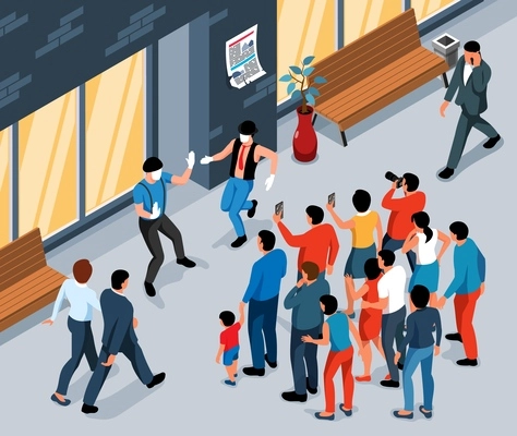 Crowd of people watching performance of street mime artists isometric vector illustration