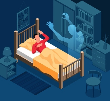 Frightened man awaken at night because of nightmare isometric vector illustration