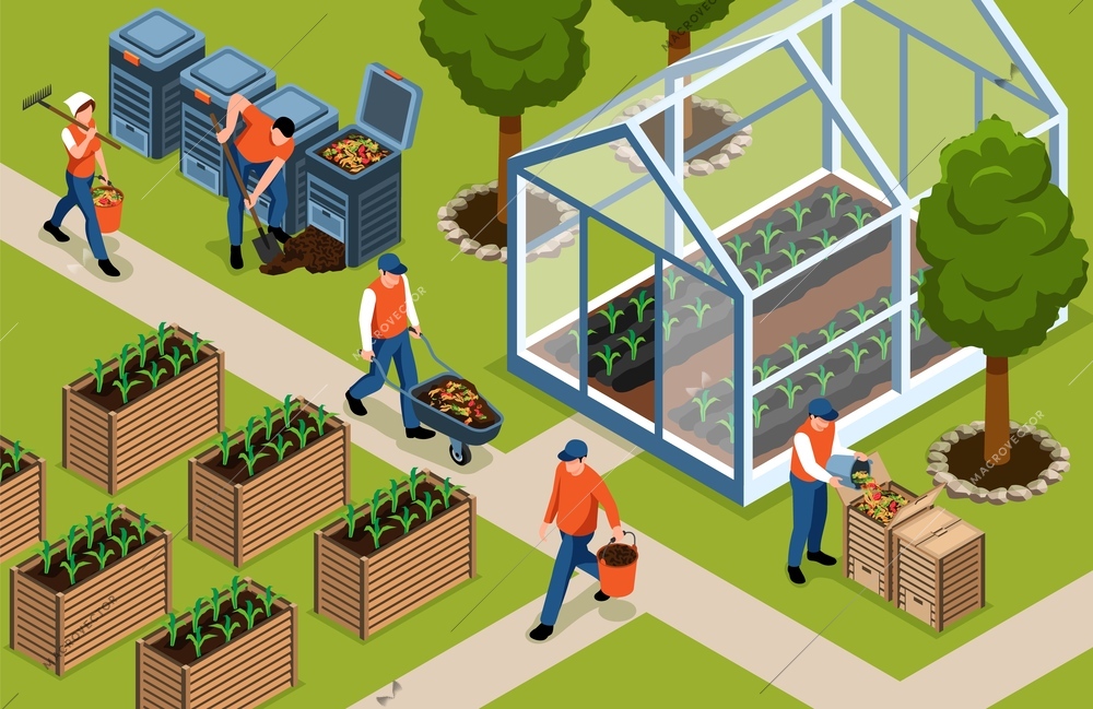 Male and female farmers using compost to fertilize plants isometric vector illustration