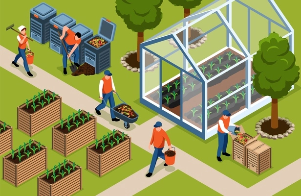 Male and female farmers using compost to fertilize plants isometric vector illustration