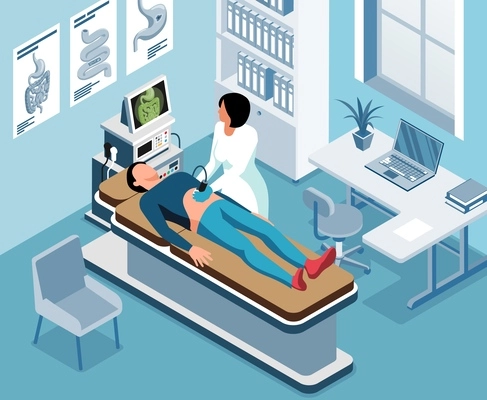 Female gastroenterologist making abdominal ultrasound to patient isometric vector illustration