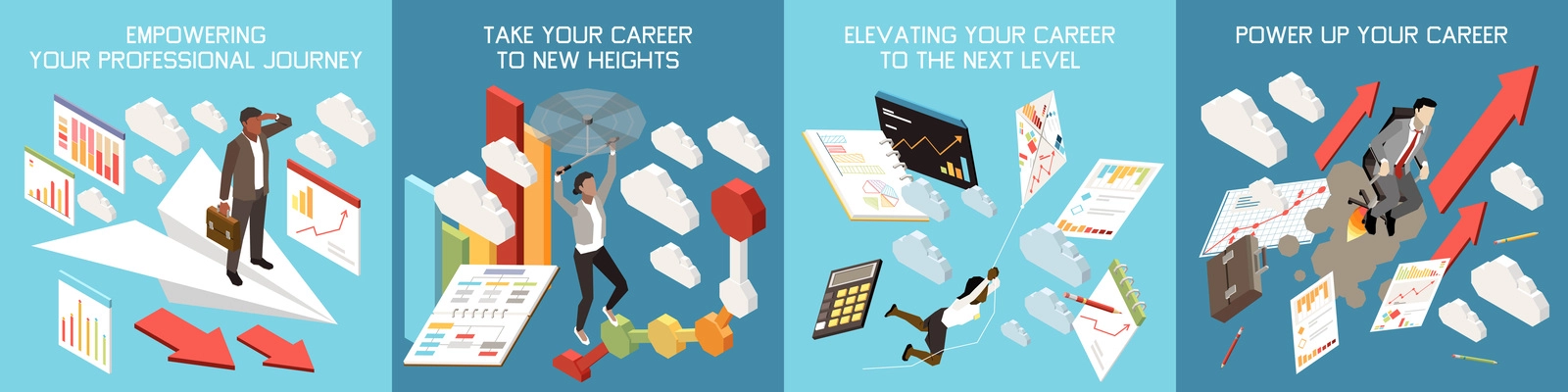 Four career boost isometric poster set with empowering tour professional journey take your career to new heights and other headlines on theme vector illustration