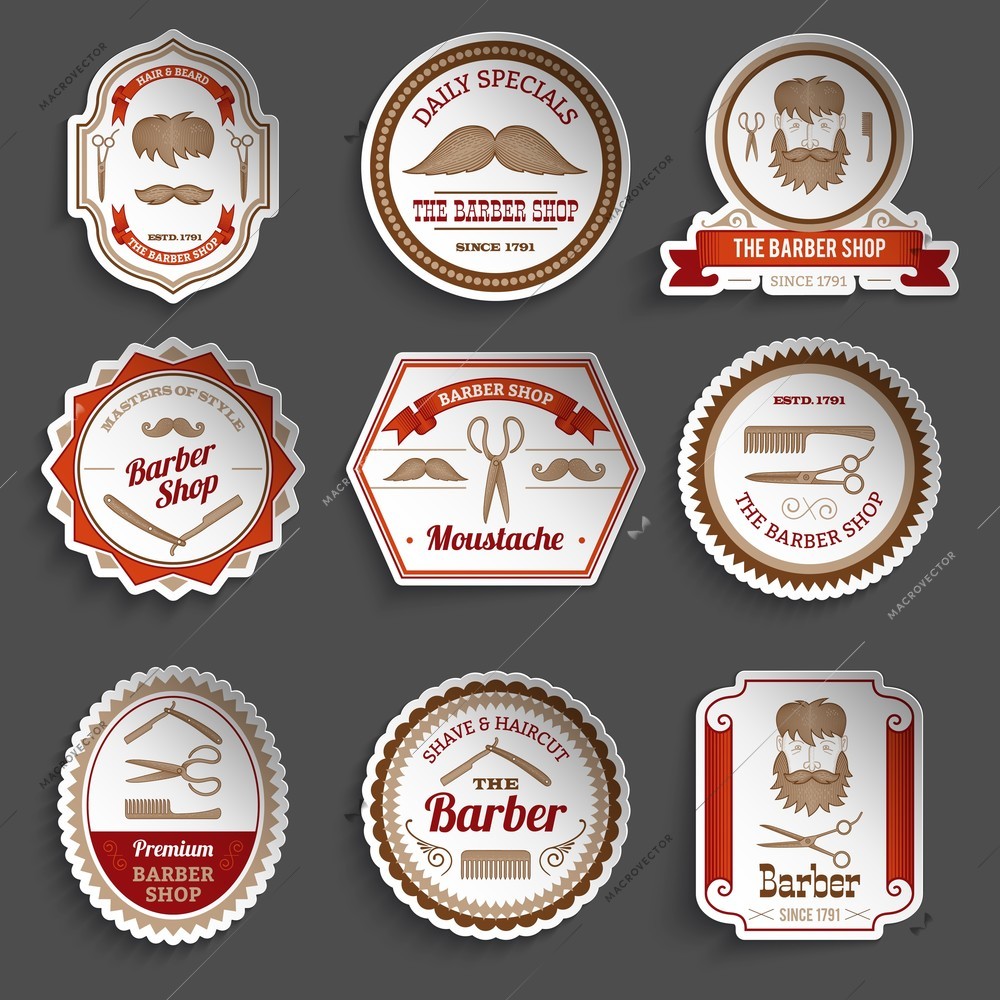 Barber shop paper stickers haircut and hairdresser accessories set isolated vector illustration