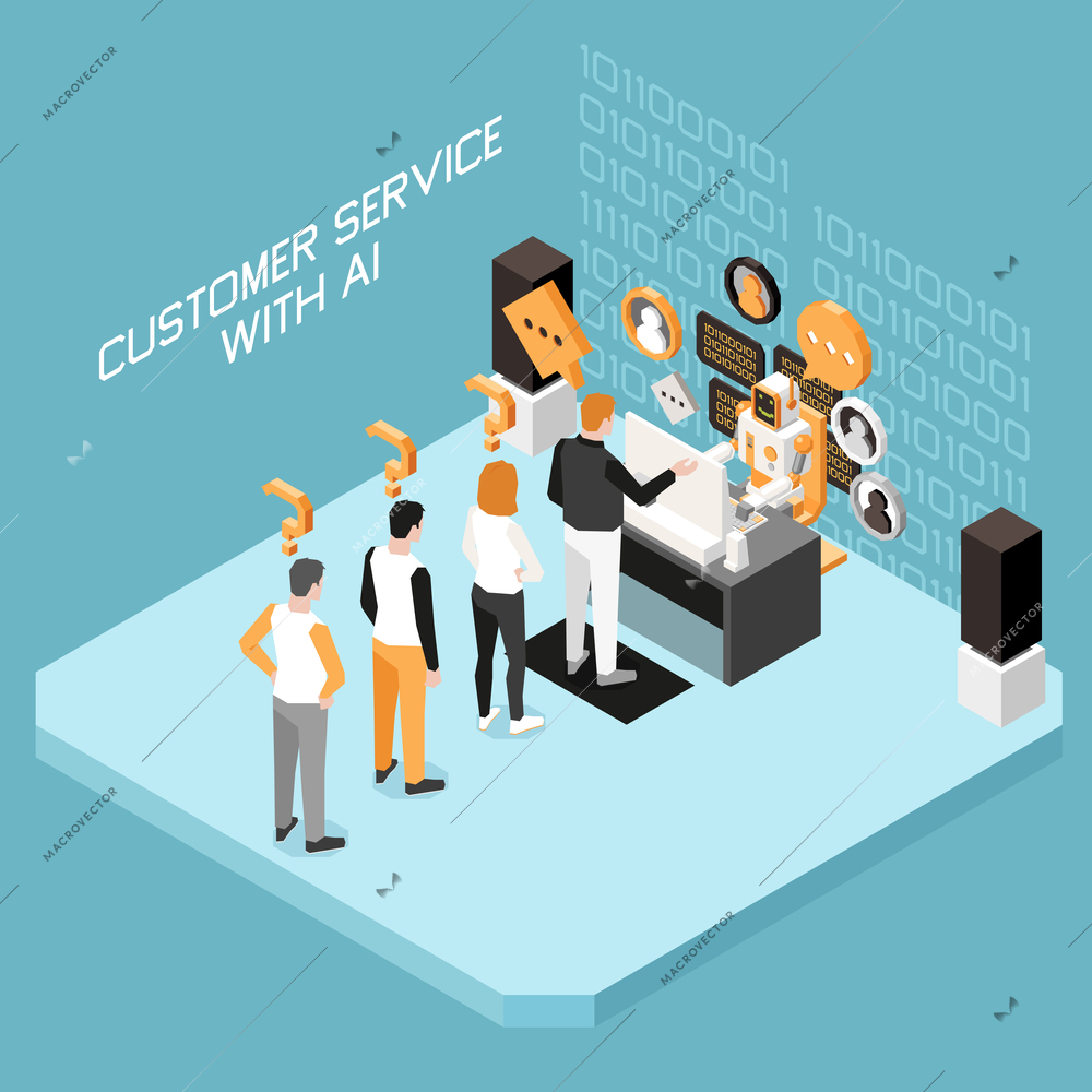 Marketing AI technologies isometric colored concept with customer service with ai headline vector illustration