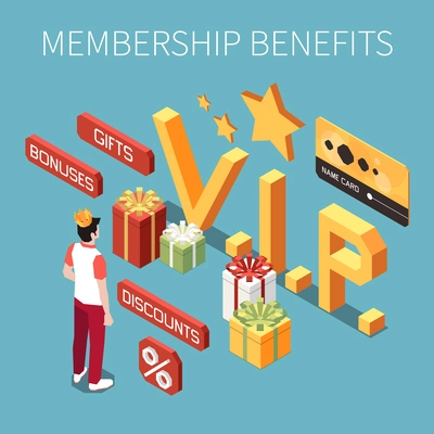 Customer loyalty bonus reward programs isometric colored composition with membership benefits description vector illustration