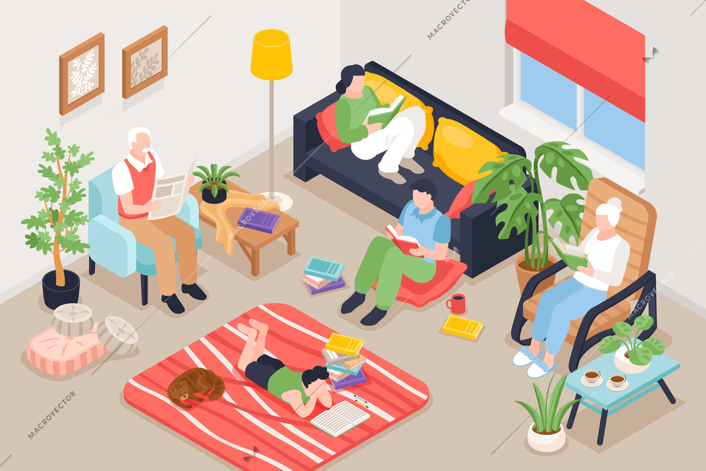 Isometric reading book composition with indoor view of living room with family members reading various books vector illustration