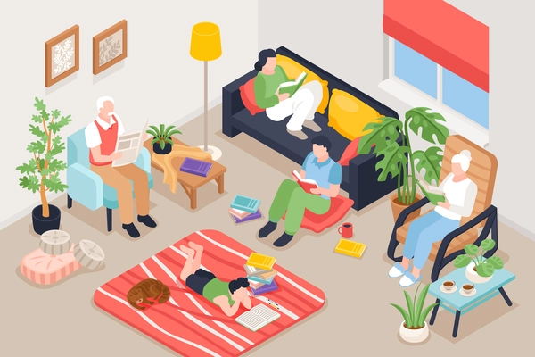 Isometric reading book composition with indoor view of living room with family members reading various books vector illustration