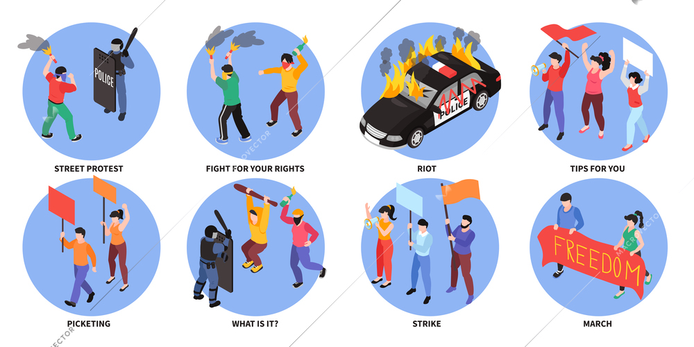 Isometric protest set of round compositions with text captions and human characters holding placards fighting police vector illustration
