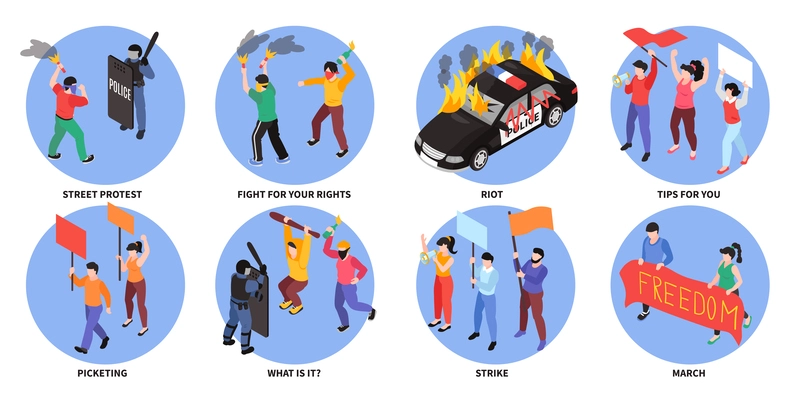 Isometric protest set of round compositions with text captions and human characters holding placards fighting police vector illustration