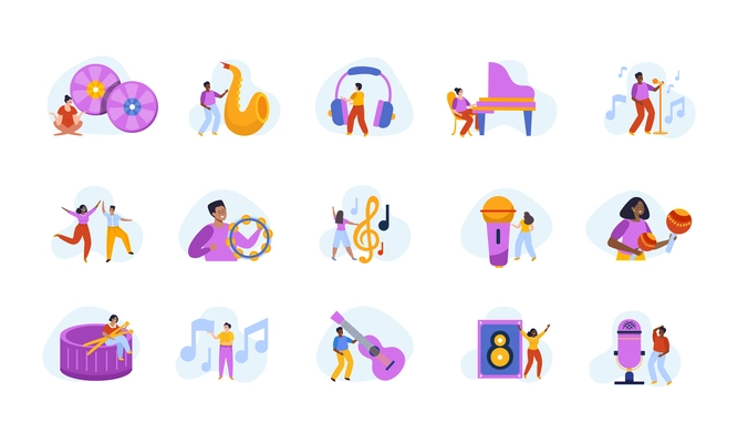 Music school set with flat isolated icons of musical notes with instruments people and audio equipment vector illustration