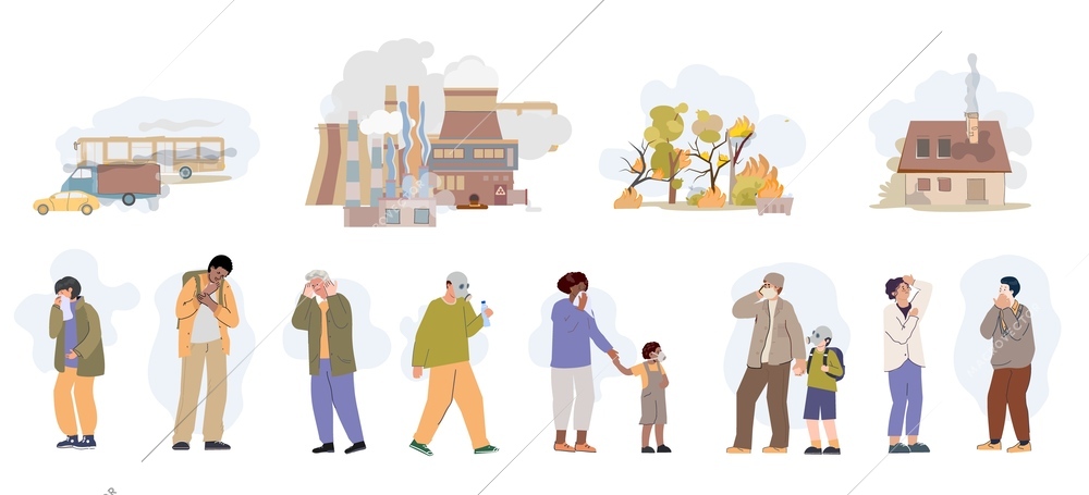 City smog set of flat icons and isolated views of houses trees cars and human characters vector illustration