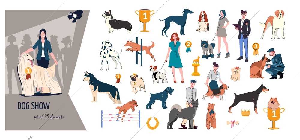 Dog show flat colored composition with dog breeds awards owners with pets vector illustration