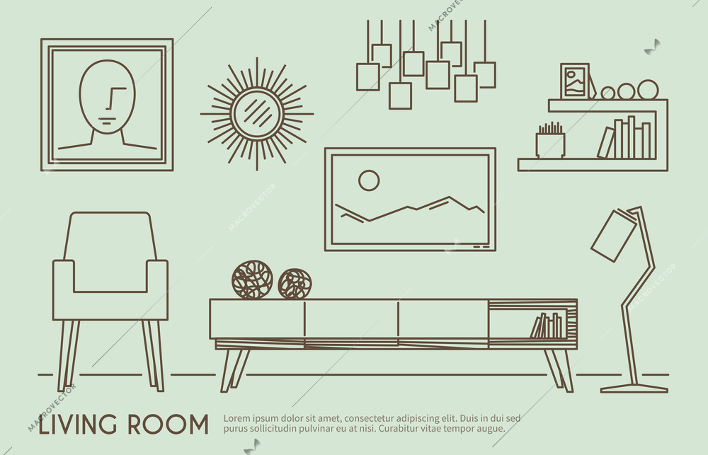 Living room interior design with outline furniture set vector illustration