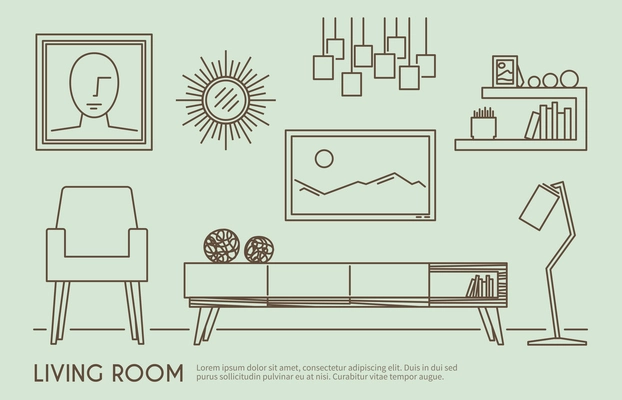 Living room interior design with outline furniture set vector illustration